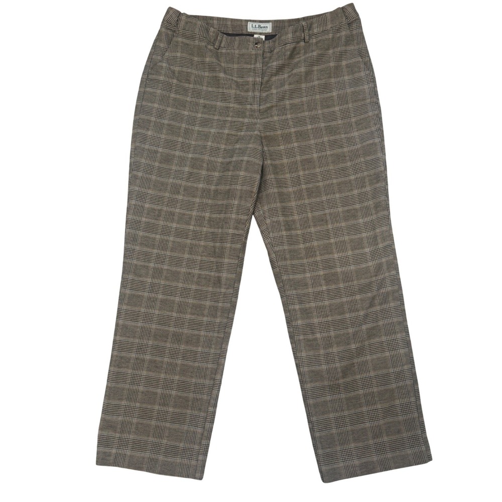 LL Bean Classic Fit Straight Leg Plaid Trousers Brown Blue Lined Tall Size 18 M